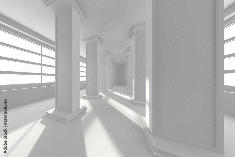 Fototapeta premium Modern architectural interior design with bright columns and large windows. 3d render.