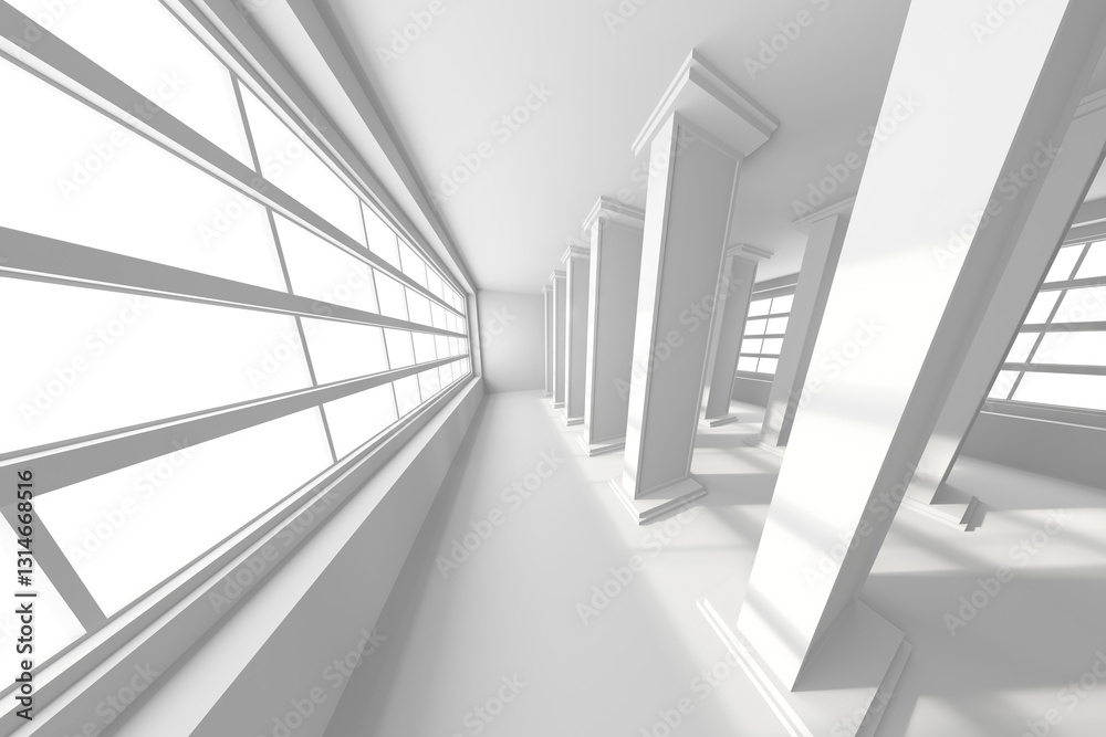 Obraz premium Modern architectural interior with white columns and large windows. 3d render