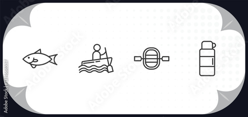 outline icons set - camping concept. sardine, rafting, raft, thermo.