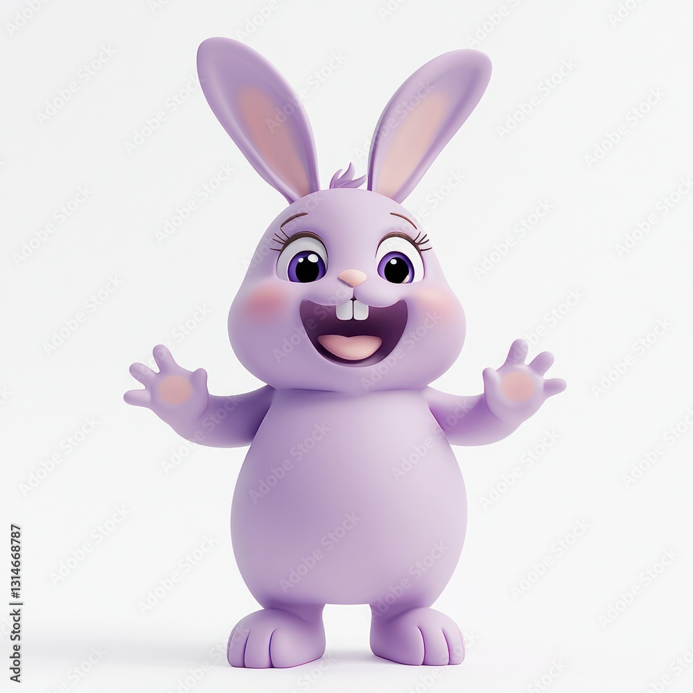 Full-body 3D cartoon Easter bunny in light purple, excited expression, white backdrop. Full-body 3D cartoon Easter bunny in light purple, excited expression, white backdrop.