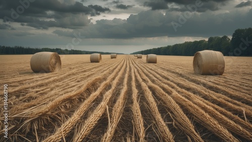 Hay bales on a harvested wheat field. Cattle straw bedding.