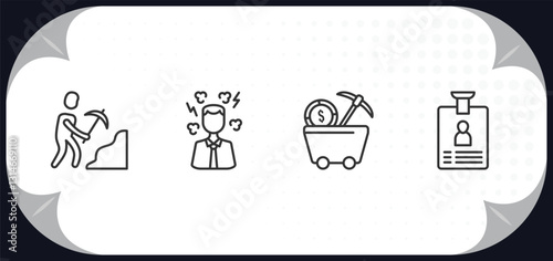 outline icons set - business concept. worker digging a hole, angry boss, proof of work, identity card.