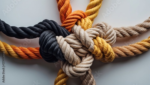 Connected group concept represented by various ropes intertwined to form an unbreakable chain, symbolizing community trust and faith.