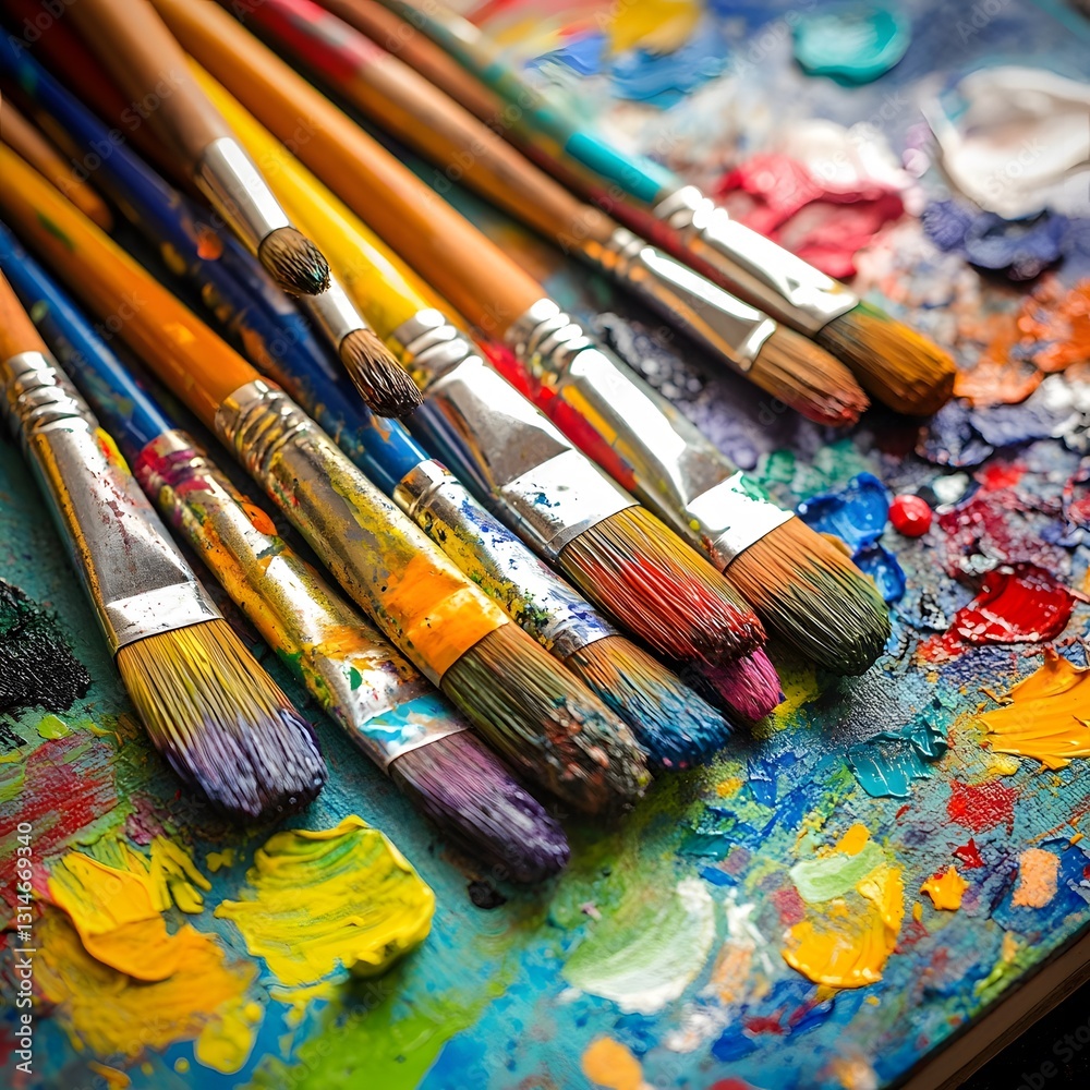 Obraz premium Colorful Paintbrushes on a Vibrant Paint Palette