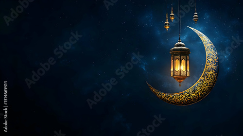 Golden Crescent Moon and Ornate Lanterns Against Starry Sky Celebrating Ramadan Theme With Decorative Lighting and Traditional Islamic Symbols