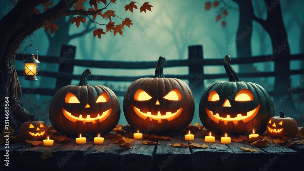 Fototapeta premium Halloween pumpkins positioned on wood against a spooky forest backdrop.
