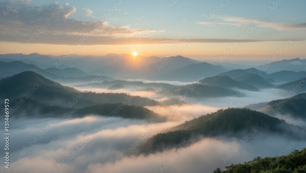 Fototapeta premium Capture the essence of a serene sunrise over mist-covered mountains, where soft, golden sunlight delicately illuminates the valleys below. This image reflects the tranquility of nature and the breath.