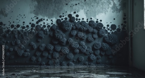 Toxic black mold development. Damp water-damaged structure.