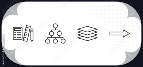outline icons set - business collection. concept. maths tool, hierarchical order, stack, graphic arrow.