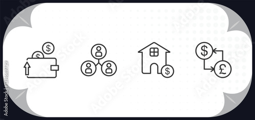 outline icons set - business concept. purpose of saving money, cooperate, mortgage loan, currencies.