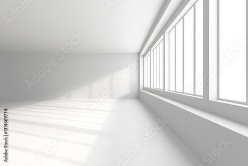 Minimalist empty white room with large windows and natural light. 3d render.