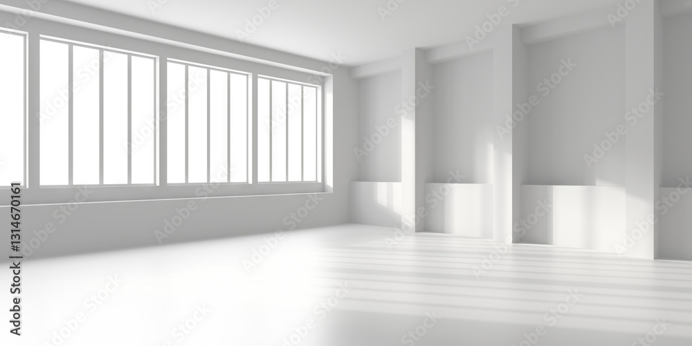 Fototapeta premium Minimalist sunlit empty room with large windows for interior design concepts. 3d render