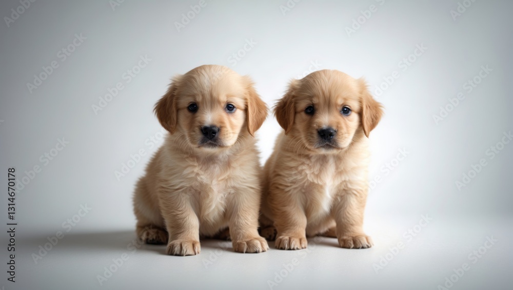 two small golden retriever puppies set against a white background two small golden retriever puppies set against a white background