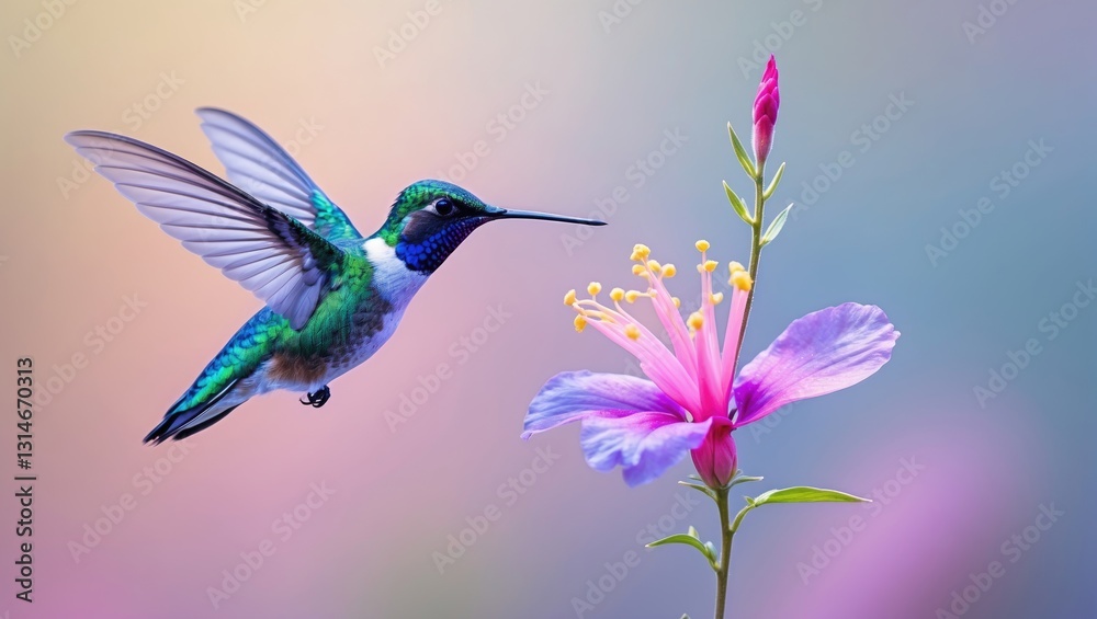 Fototapeta premium Hummingbird hovering near a stunning flower against a blurred backdrop.