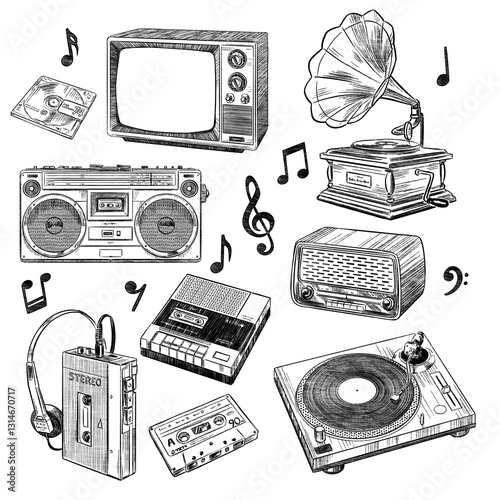 Retro music hand drawn illustration set