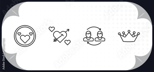 outline icons set - birthday and party concept. love plate, cupid, relationship, wedding crown.