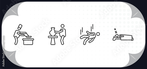 outline icons set - behavior concept. man cooking, man doing pottery, man falling, sleeping.
