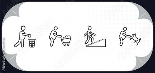 outline icons set - behavior concept. throwing trash, man wirth carry, climbing stairs, man and dog.