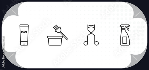 outline icons set - beauty concept. moustache product, tint bowl, eyelashes curler, aplicator bottle.