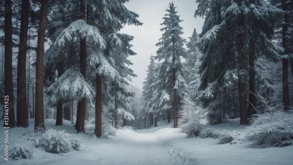 Naklejka premium Picturesque winter forest. Stunning snowy wonderland. Enchanting beautiful scenic view of pines and spruce trees blanketed with snow. Cold frosty nature. Amazing hibernal fairy tale panoramic lands...