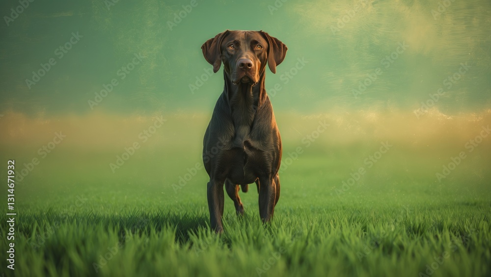 Hunting breed dog standing on green grass Hunting breed dog standing on green grass