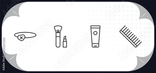 outline icons set - beauty concept. eye patch, make up, cream tube, inclined comb.