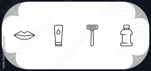 outline icons set - beauty concept. woman lips, face cleanser, disposable razor, mouthwash.