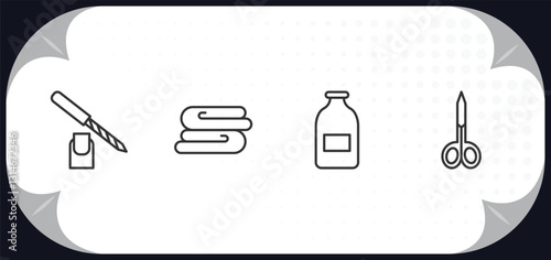 outline icons set - beauty concept. pedicure, folded towel, inclined bottle, manicure scissors.