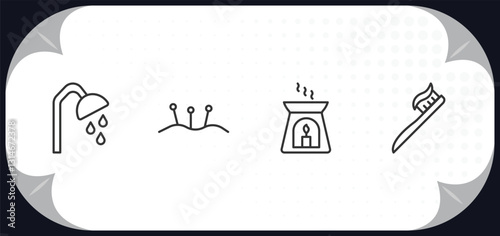 outline icons set - beauty concept. shower place, acupuncture, aromatherapy, teeth brush.