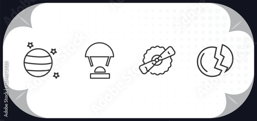 outline icons set - astronomy concept. uranus with satellite, capsule parachute, gamma ray, destroyed planet.