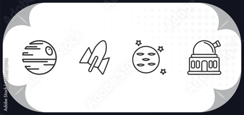 outline icons set - astronomy concept. death star, rocket start, neptune with satellite, planetarium.