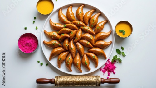 Happy Holi greeting card - Delicious sweets arranged on a white background. photo