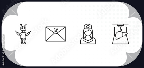 outline icons set - artificial intellegence concept. exoskeleton, mail, nurse, organ printing.