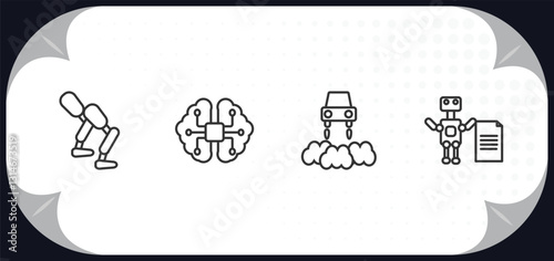 outline icons set - artificial intellegence concept. prosthesis, ai brain, hover transport, laws of robotics.