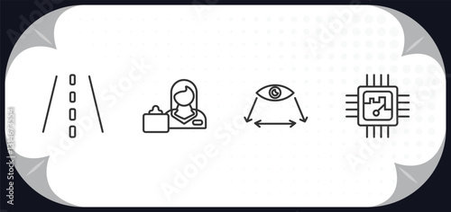 outline icons set - artificial intellegence concept. road, shop assistant, field of view, chip.