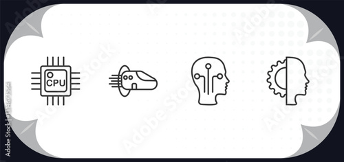 outline icons set - artificial intellegence concept. cpu, hyperloop, humanoid, cyborg.