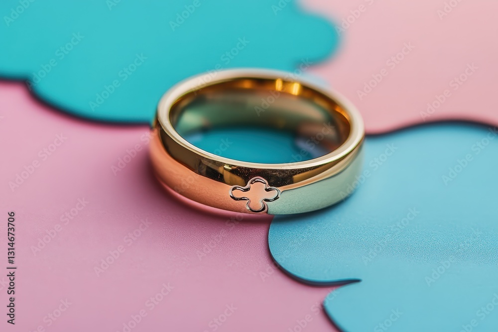 A beautiful golden ring with a distinctive clover design lies still A beautiful golden ring with a distinctive clover design lies still