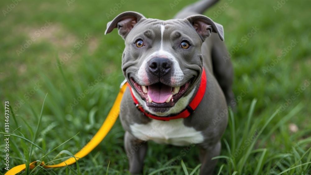 Happy Pit Bull Dog Leashed Outdoors in Grass Park, Adoptable Shelter Puppy Happy Pit Bull Dog Leashed Outdoors in Grass Park, Adoptable Shelter Puppy