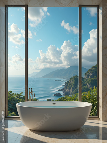 A dreamy landscape of an indoor bathroom with a wall of sky and clouds framing the breathtaking view of the ocean and mountains from the bathtub Video 4k animation