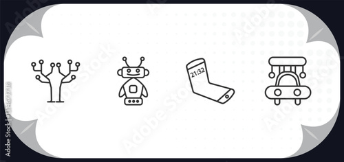 outline icons set - artificial intellegence concept. technology tree, robots, mobile flexible display, high speed tube.