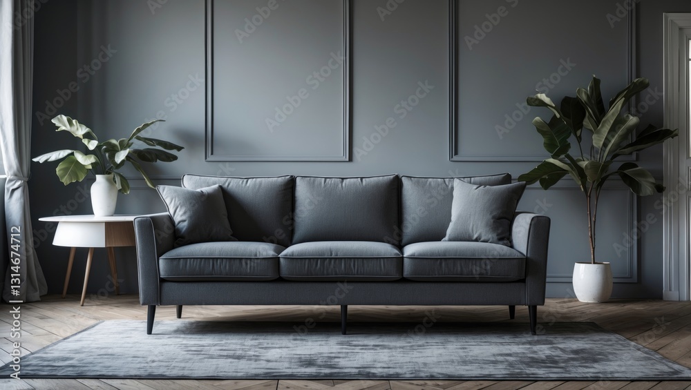 Real photo of a grey sofa located in a chic living room interior behind a white table with leaves and in front of a grey wall. Real photo of a grey sofa located in a chic living room interior behind a white table with leaves and in front of a grey wall.