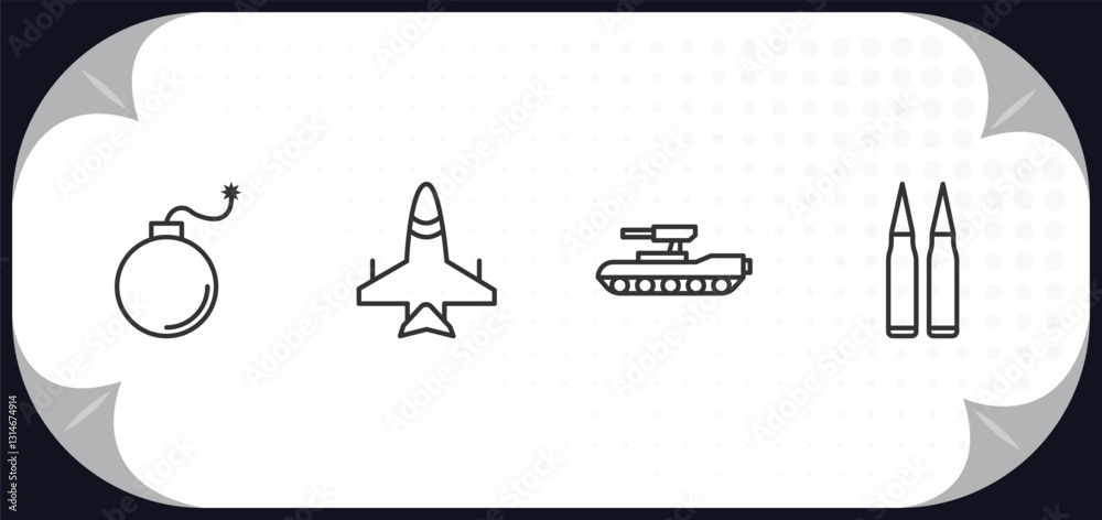 Fototapeta premium outline icons set - army and war concept. bomb, jet, tank, two bullets.