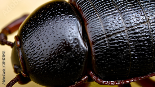 A Close-Up Of A Dark Brown Insect With A Shiny, Ridged Carapace And Segmented Body