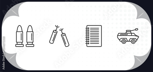 outline icons set - army concept. bullets, dinamite, notebook, amphibian.
