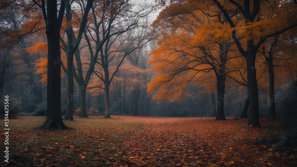 Fototapeta premium Stunning image of a woodland featuring trees and fallen autumn leaves.