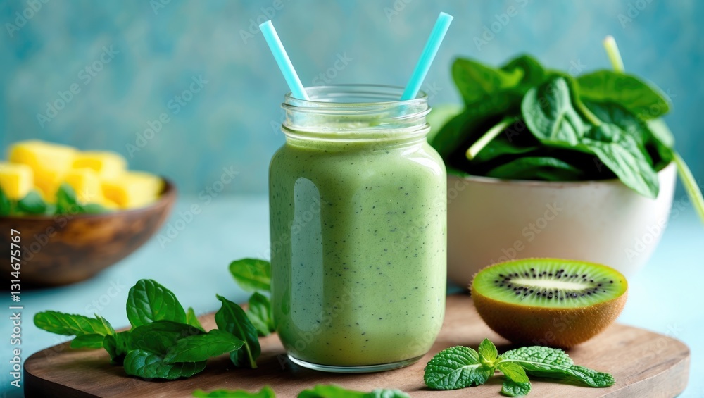 Freshly blended green smoothie in a glass jar with a straw. Background, empty space. Freshly blended green smoothie in a glass jar with a straw. Background, empty space.