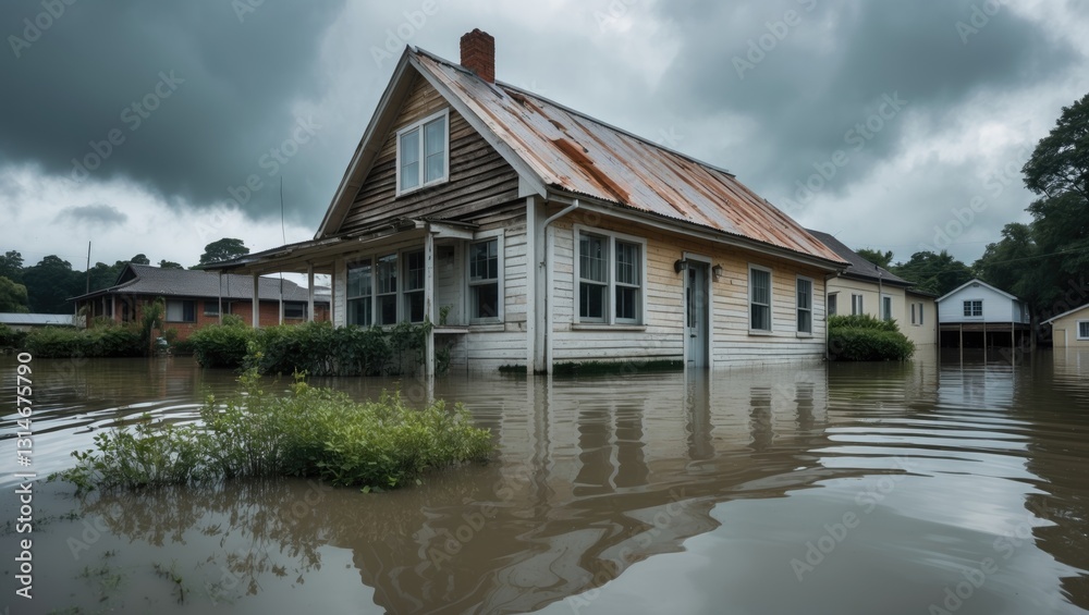 House in floodwater. Traditional wooden home surrounded by water reaching the windows. Suitable for insurance or disaster illustration. House in floodwater. Traditional wooden home surrounded by water reaching the windows. Suitable for insurance or disaster illustration.