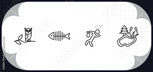 outline icons set - animals concept. wise, fish bone, drunk, pond.