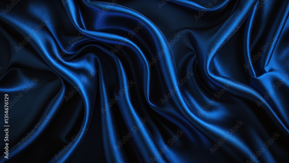 Fototapeta premium Black blue abstract backdrop. Silk satin. Curtain, drapery. Shiny fabric. Dark. Wavy soft pleats. Liquid wave effect. Gradient.