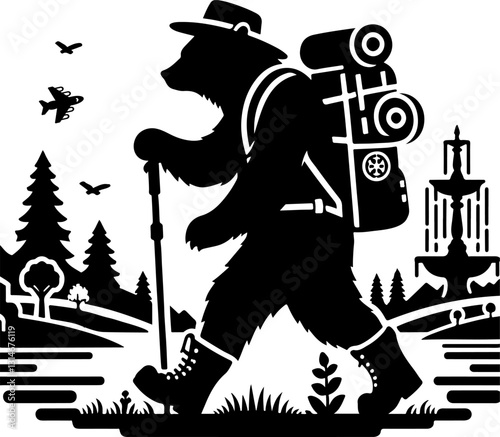 Outdoor Bear Backpacking Scenic Wildlife Journey : Silhouette of a bear with a backpack in the wild, perfect for hiking enthusiasts and nature lovers.